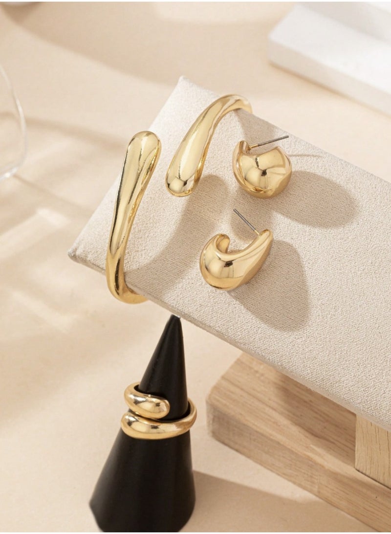 ڤيا مجموعة إكسسورات فاخرة مكونة من أربع قطع (سوار + خواتم + أقراط + قلادة) بتصميم قطرة الدمع باللون الذهبي المطفي - Image 1